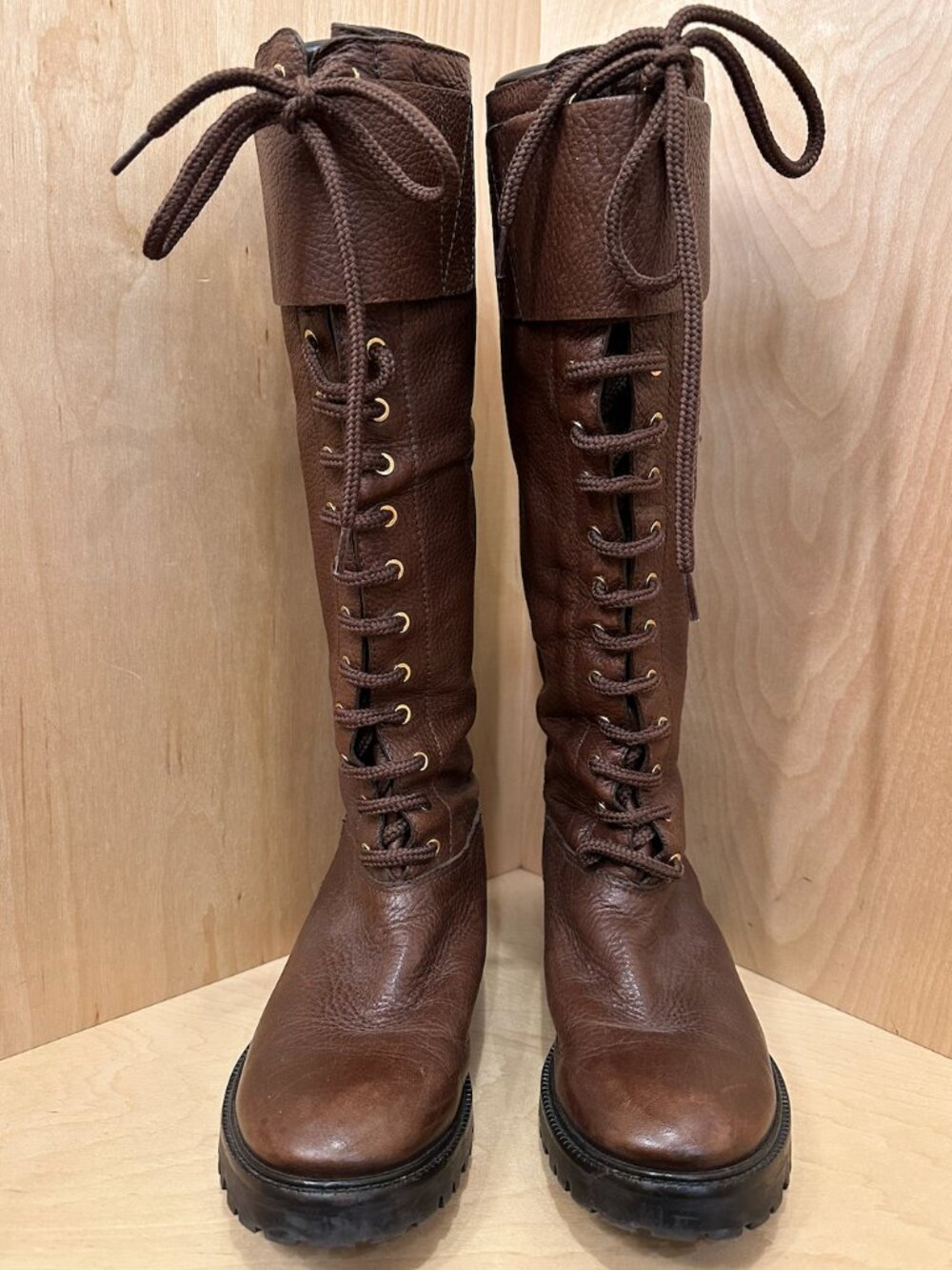 Brn Pebbled Leather Tory Burch Wesley Lace Up Back Zip Boots-Size 8 EXC COND